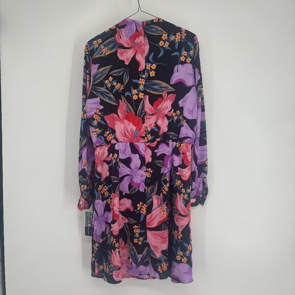 Donna Morgan High Asymmetric Neck Long Sleeve Mini Dress Lillies Black/Lilac 14 - Picture 3 of 8